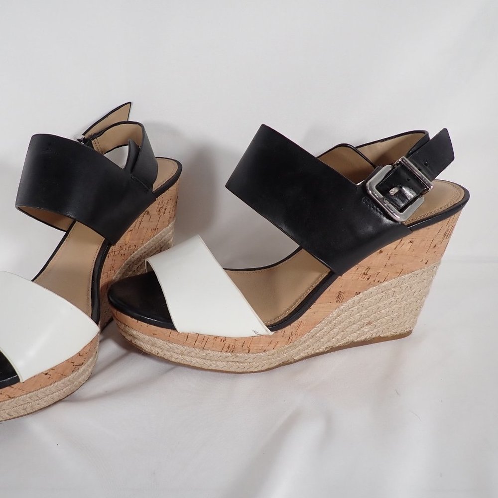 Antonio Melani Woman's 9M Leather Black and White Cork/Jute Wedge sandals - Picture 1 of 9